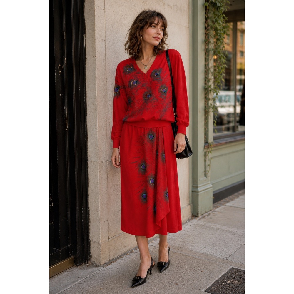Yael Barkay Red Peacock Vintage Skirt & Sweater Medium Rhinestone Shoulder Pads
